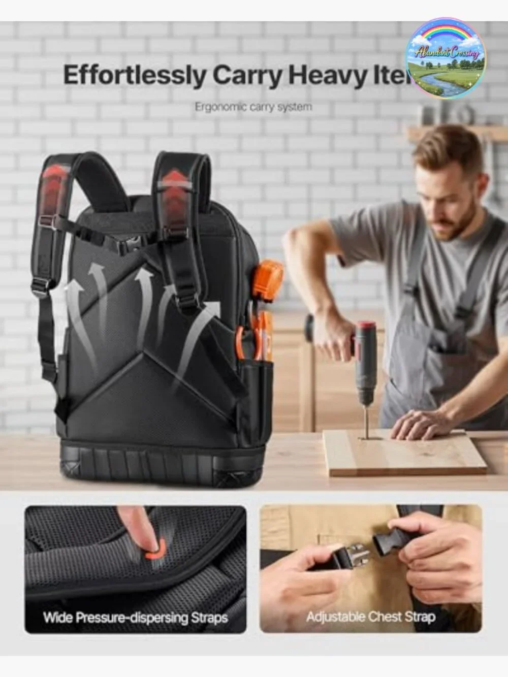 65-Pocket Heavy-Duty Tool Backpack with Laptop Compartment, Molded Base, Oxford